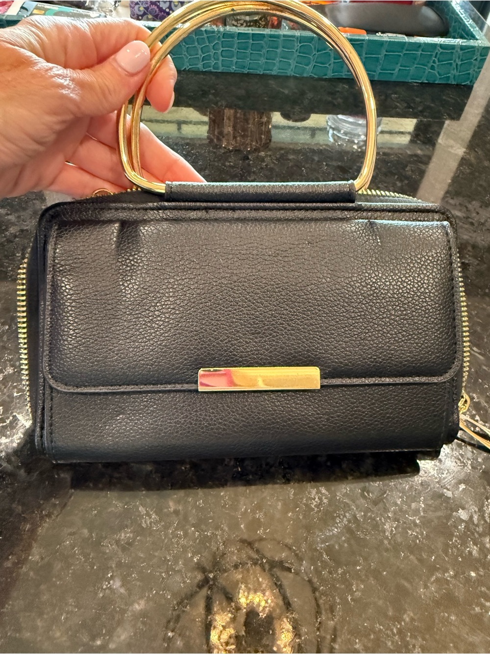 Black Women’s Top-Handle Crossbody Bag with Gold Accents